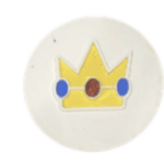 A yellow crown on a white circular disk, with a blue gem on both edge of the crown and a red one in the middle.